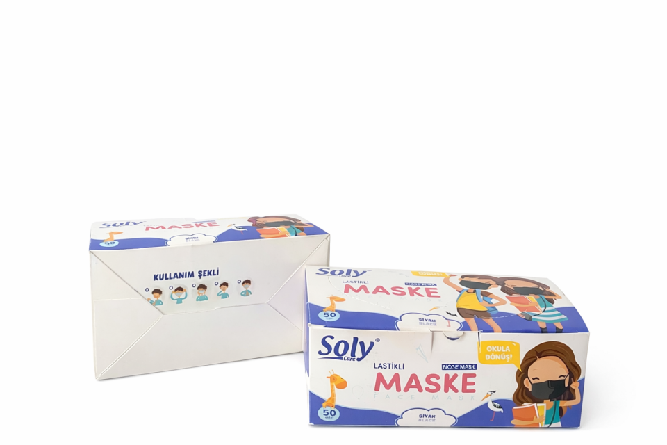 SOLY Care Lastikli Çocuk Maskesi (Siyah – 50 Adet)